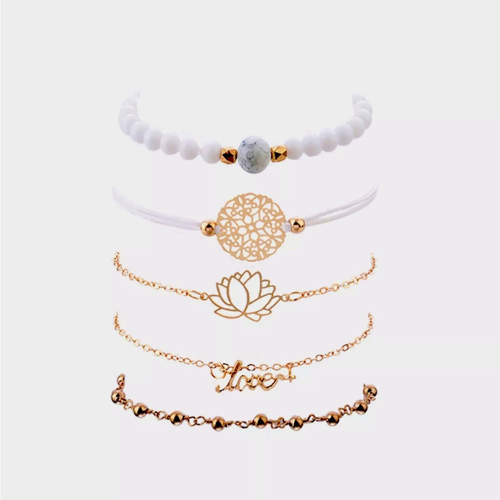 Bracelet Pendant With White Bead String And Cyan Bead 5 Piece Bracelet